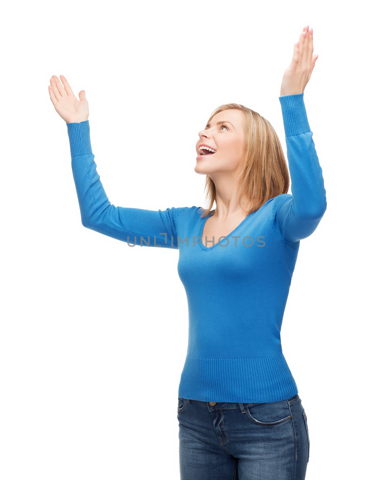 happiness and people concept - laughing young woman waving hands