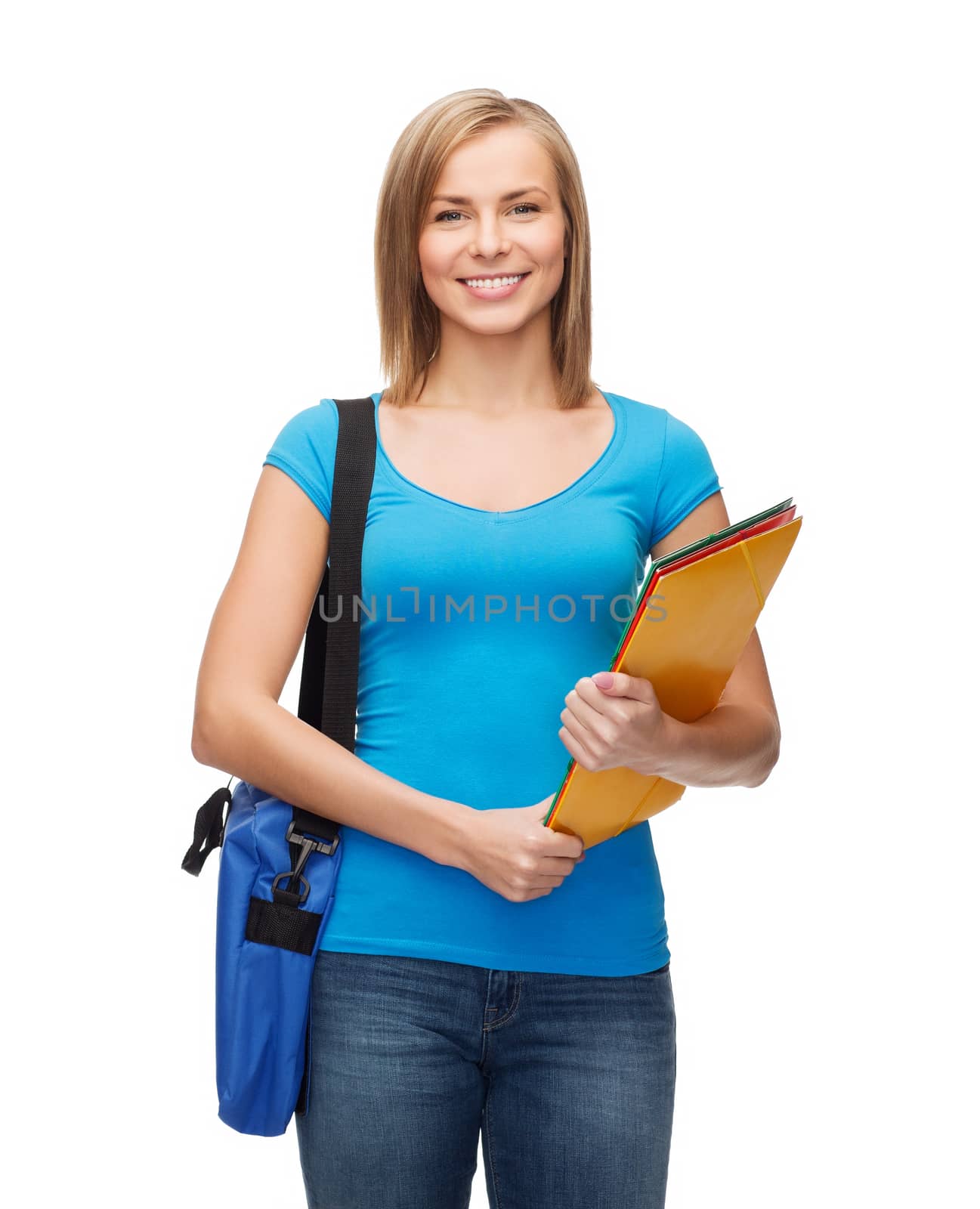 education and people concept - smiling female student with bag and folders