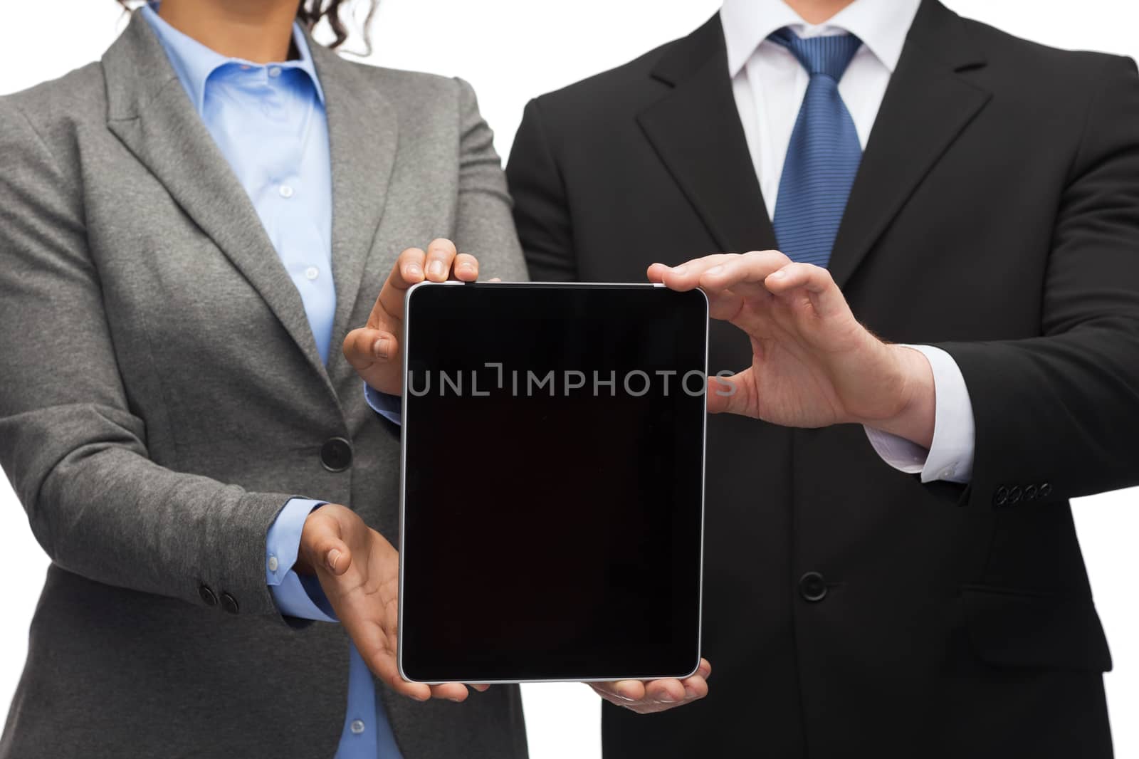 businessman and businesswoman with tablet pc by dolgachov