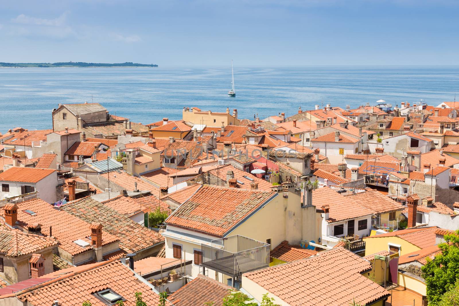 Picturesque old town Piran - beautiful Slovenian adriatic coast. Aerial view of Tartini Square.