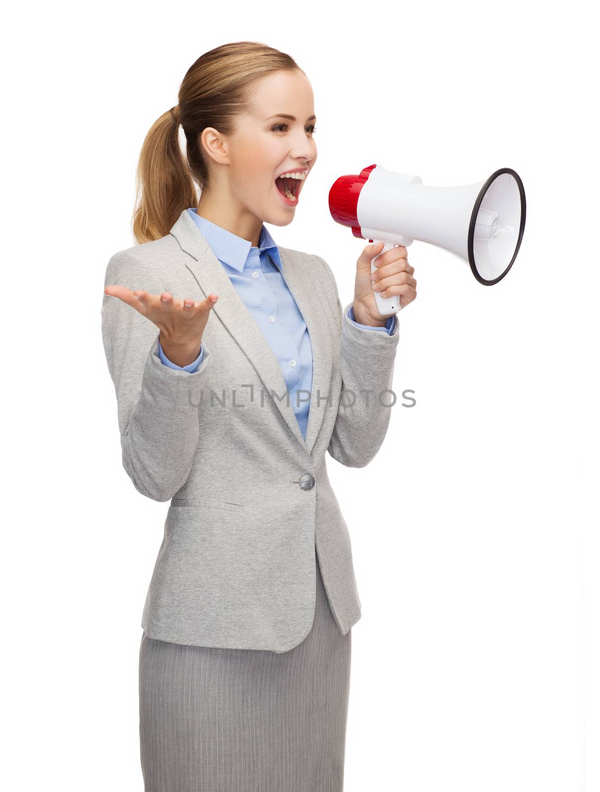 business, communication and office concept - smiling businesswoman with megaphone