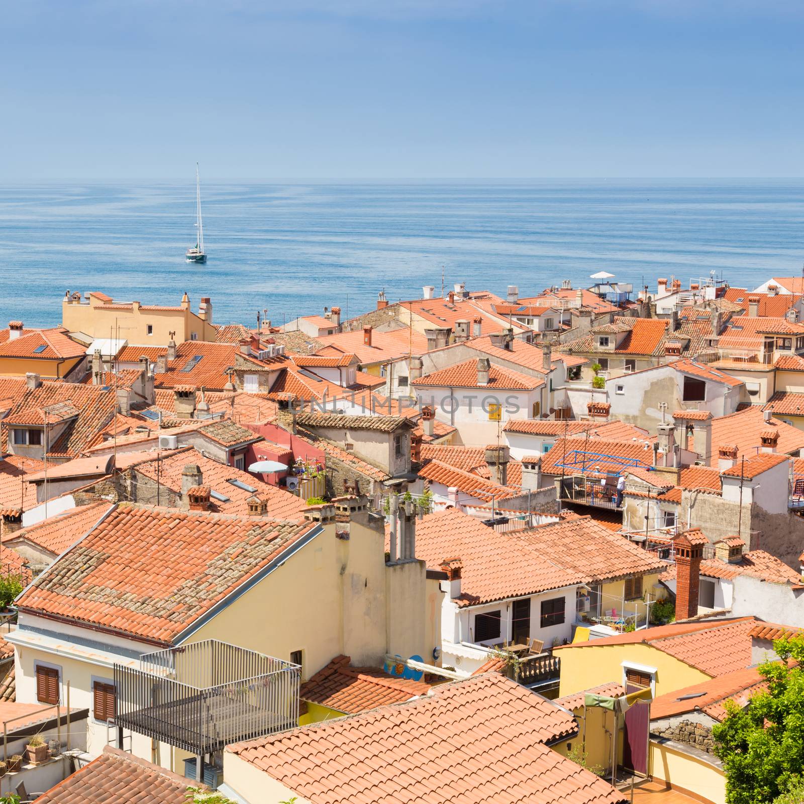 Picturesque old town Piran - beautiful Slovenian adriatic coast. Aerial view of Tartini Square.