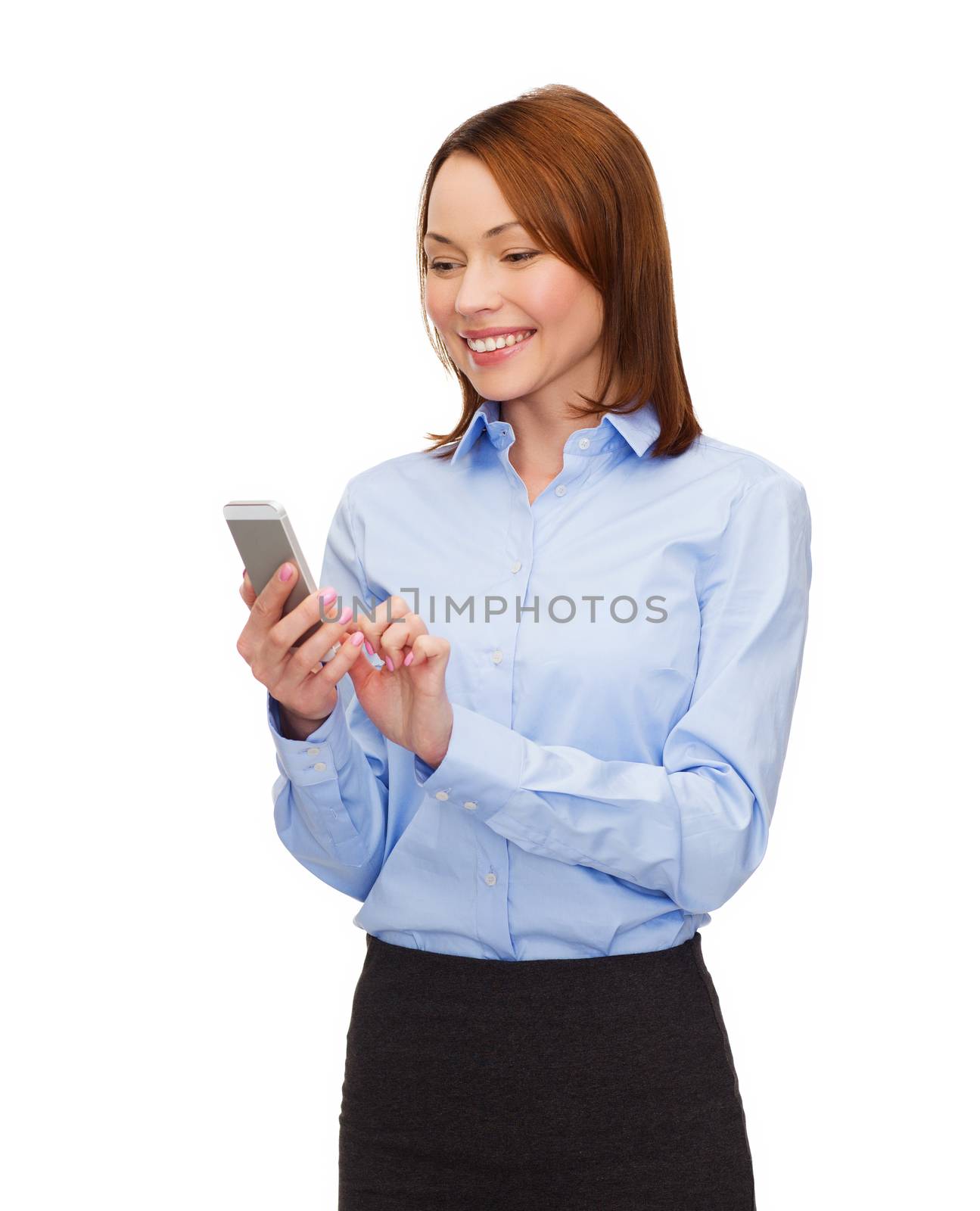 business, technology, internet and education concept - friendly young smiling businesswoman with smartphone