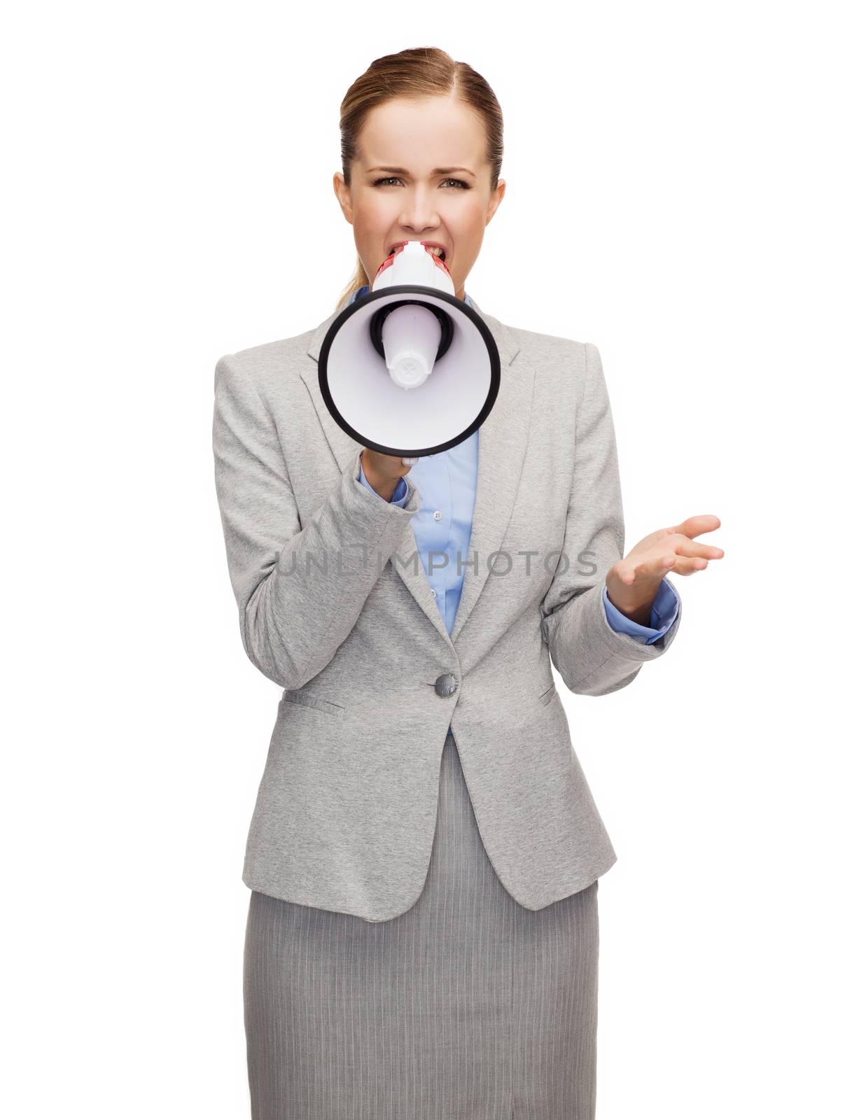 business, communication and office concept - angry businesswoman with megaphone