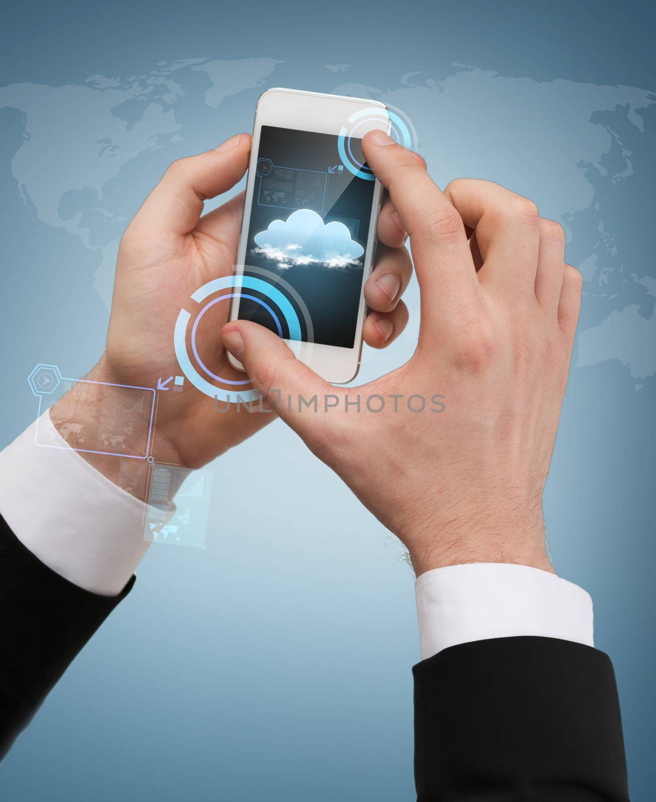 business, internet and technology concept - businessman touching screen of smartphone and cloud in it