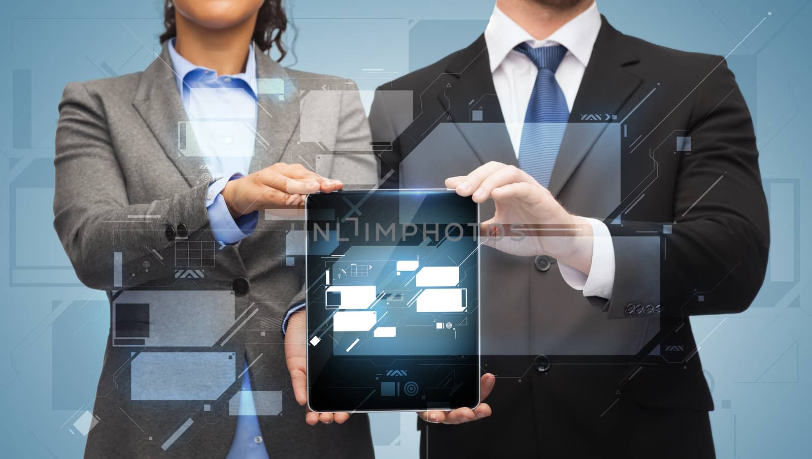business, technology and internet concept - businessman and businesswoman with blank black tablet pc screen