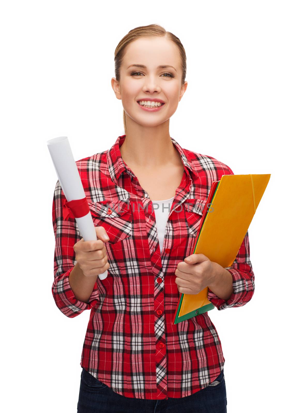 university and education concept - smiling woman with diploma and folders