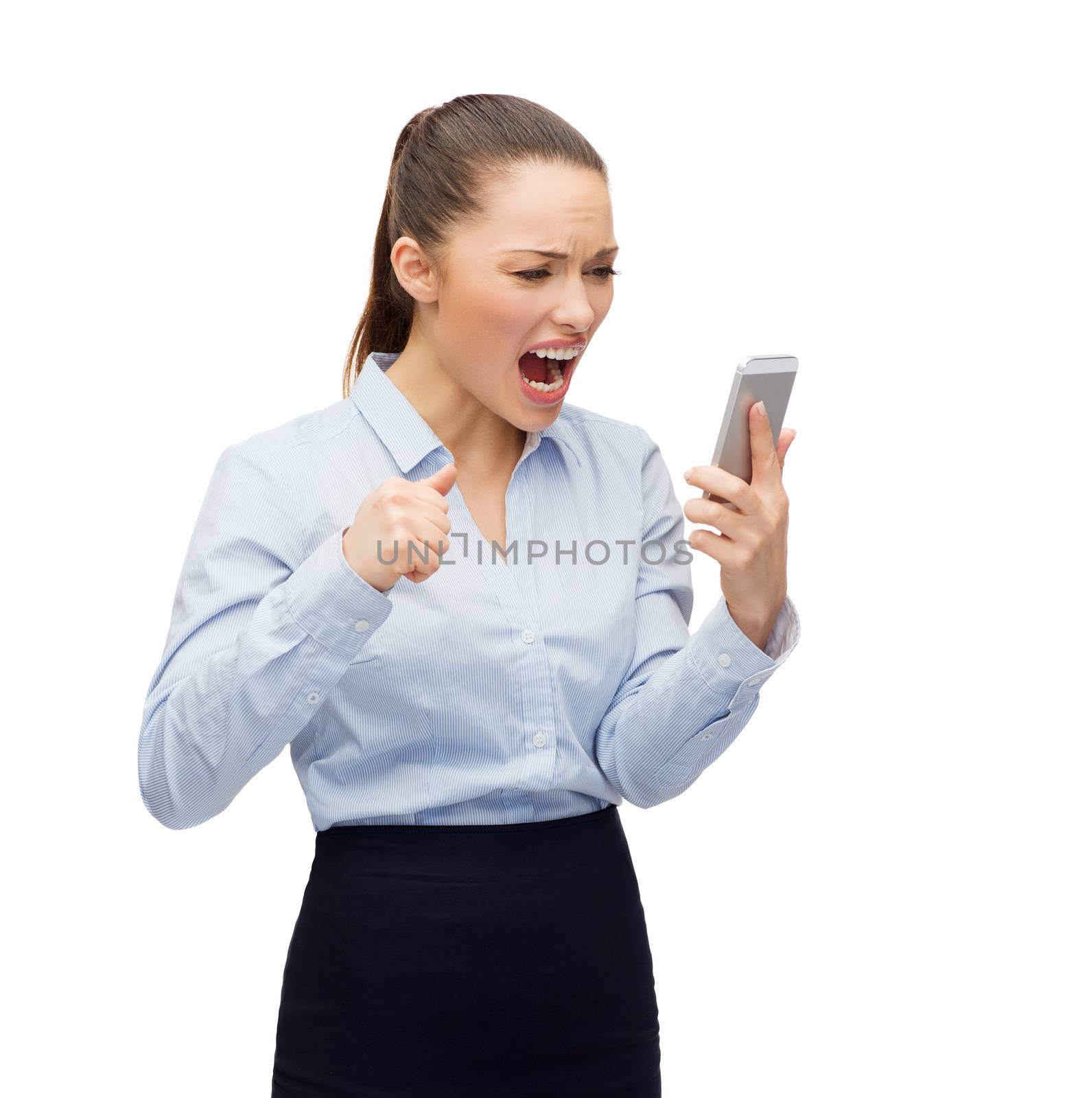 screaming businesswoman with smartphone by dolgachov