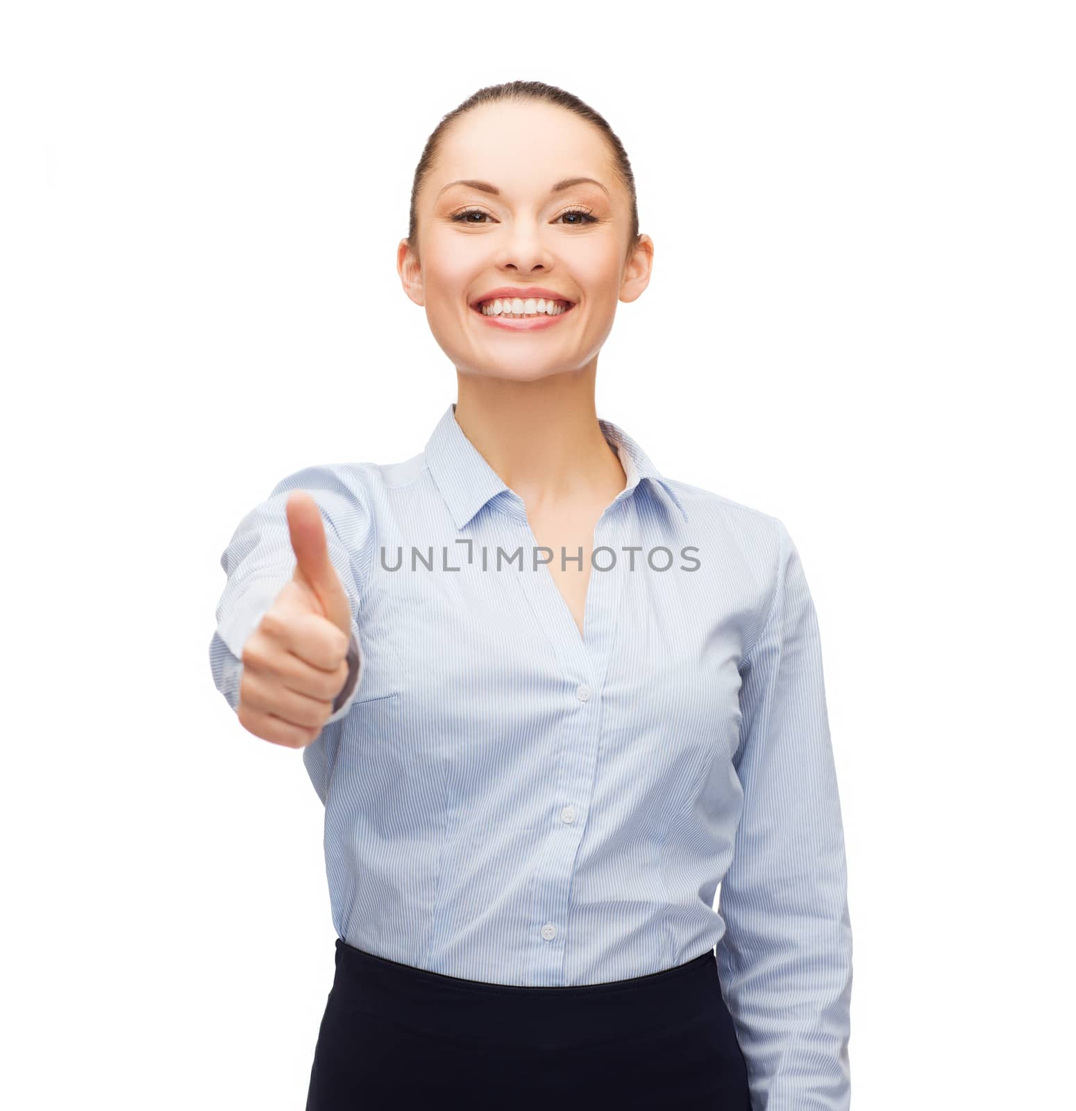 business, gesture and education concept - friendly young smiling businesswoman showing thumbs up