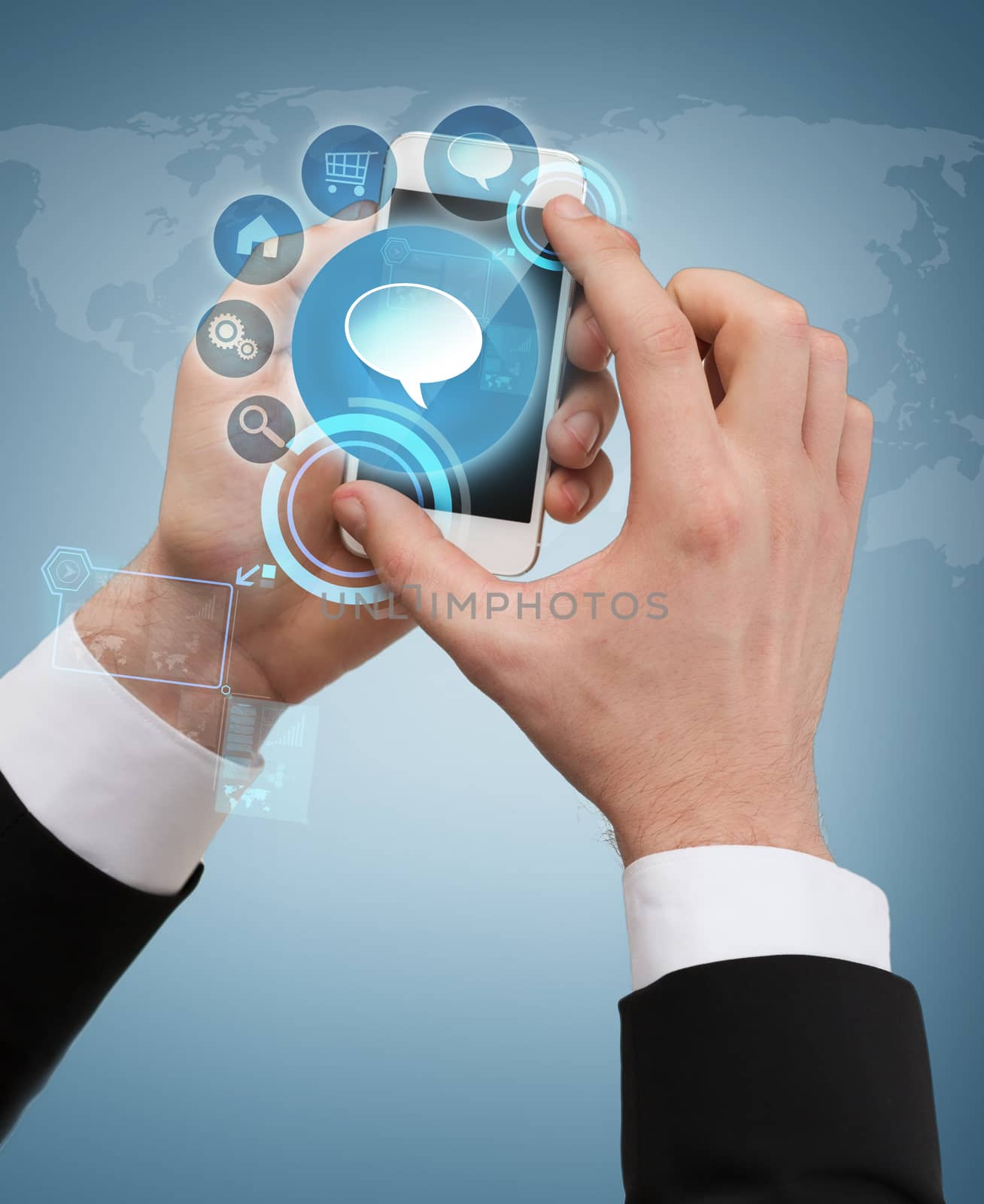 business, internet and technology concept - businessman touching screen of smartphone with menu interface