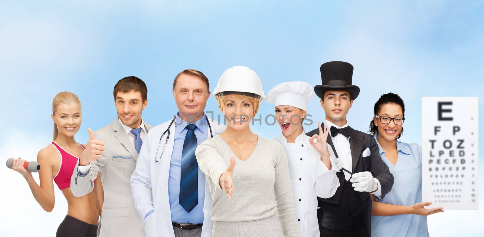 professions and people concept - group of people including cook, doctor, nurse, magician and personal trainer