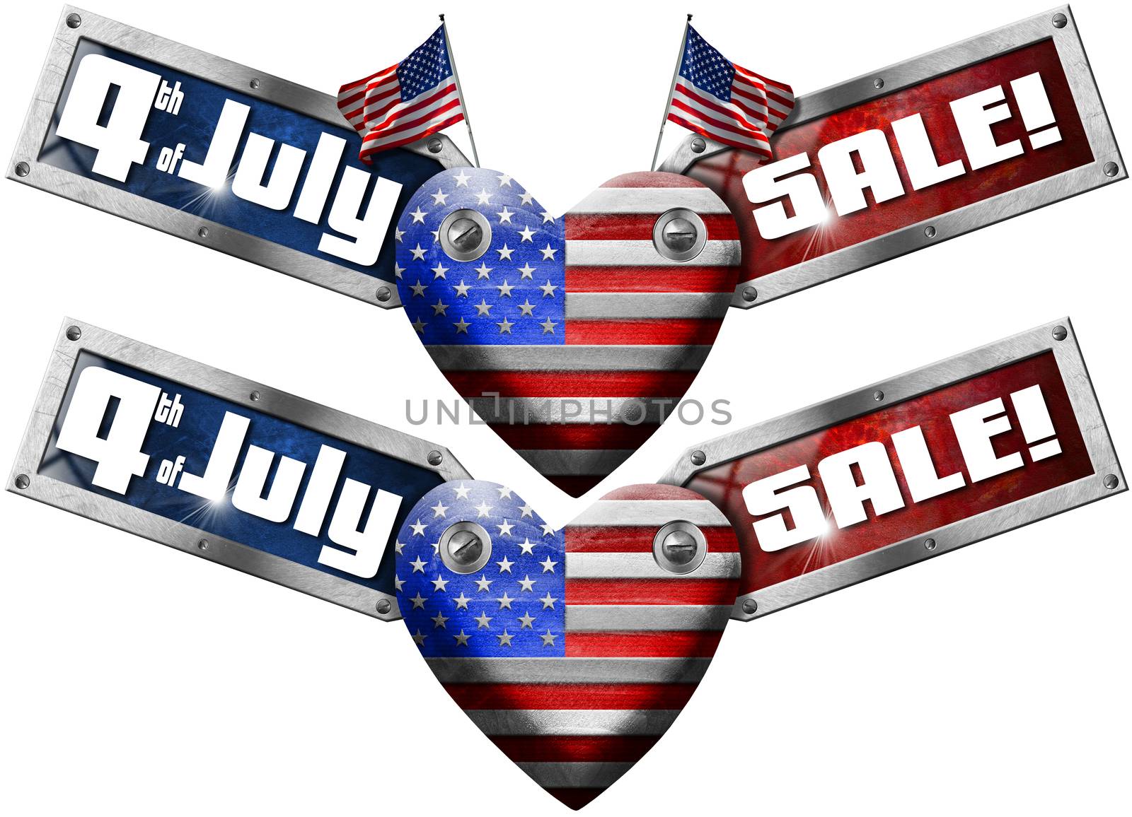 US flag in the shape of heart with two side labels with phrase: 4th of July - Sale! - isolated on white background
