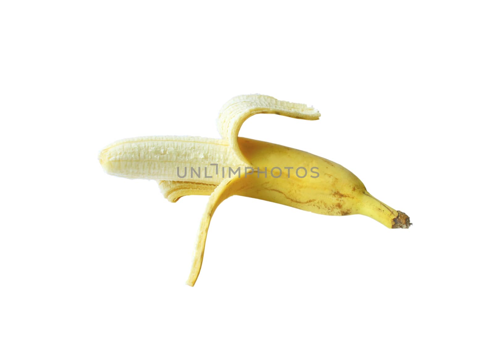 The peeled banana is on a white background