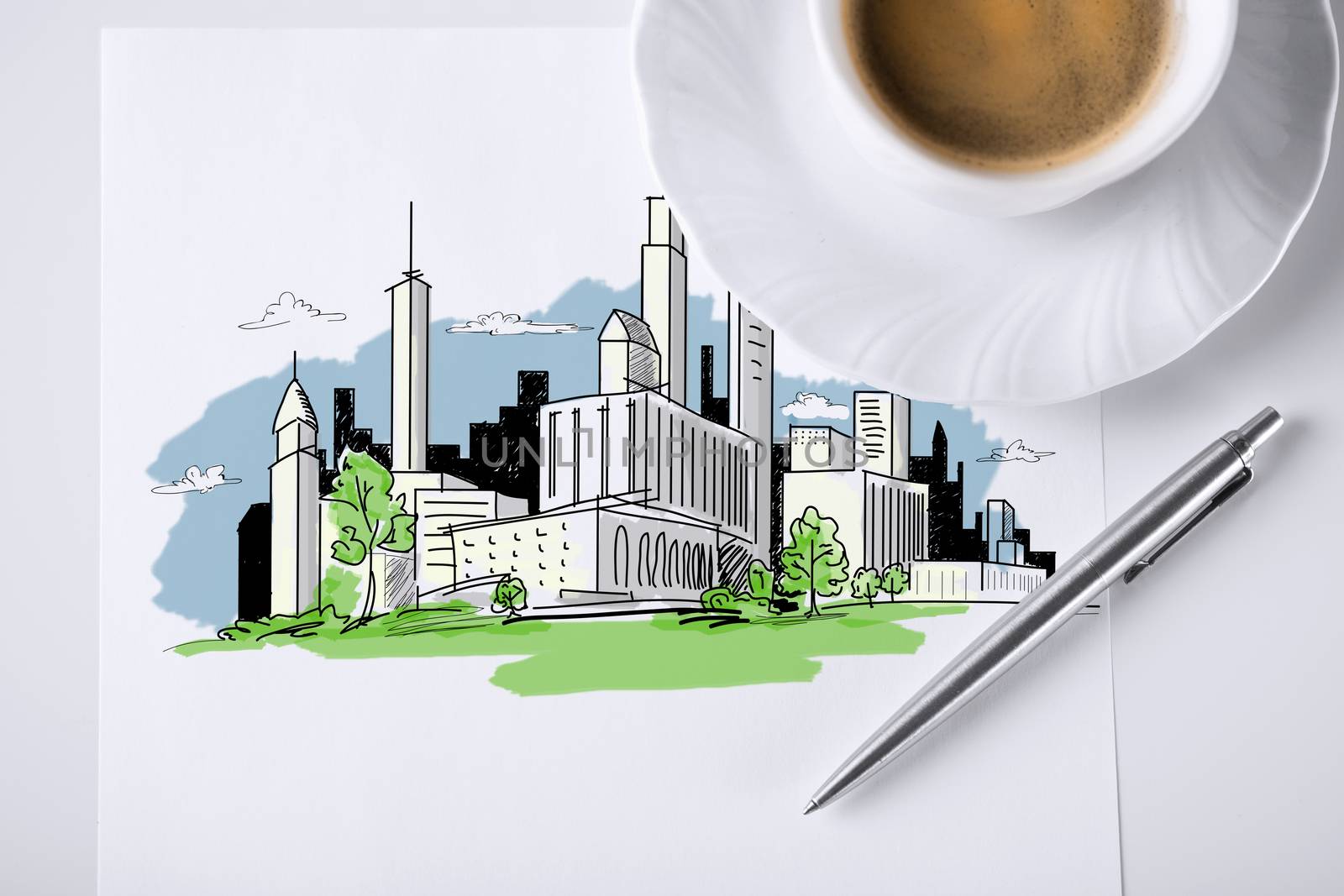 paper for note with city sketch and coffee by dolgachov