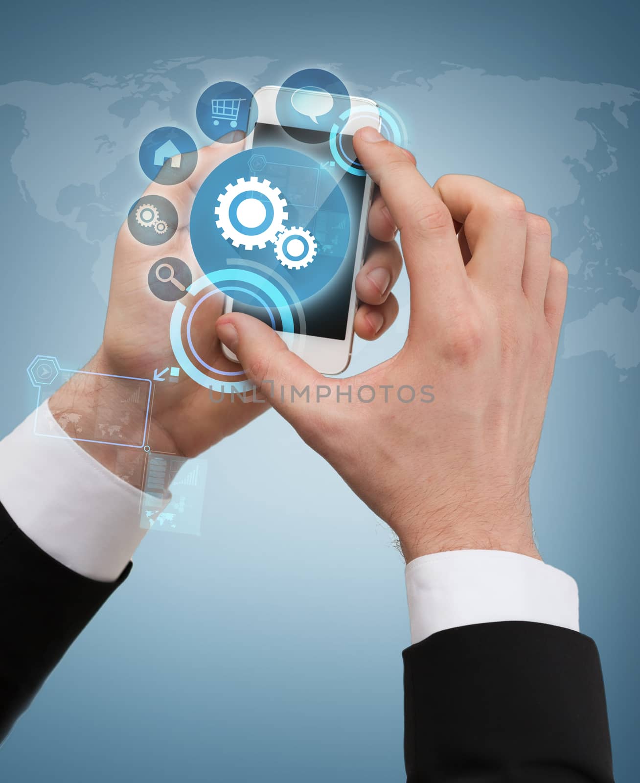 business, internet and technology concept - businessman touching screen of smartphone with menu interface