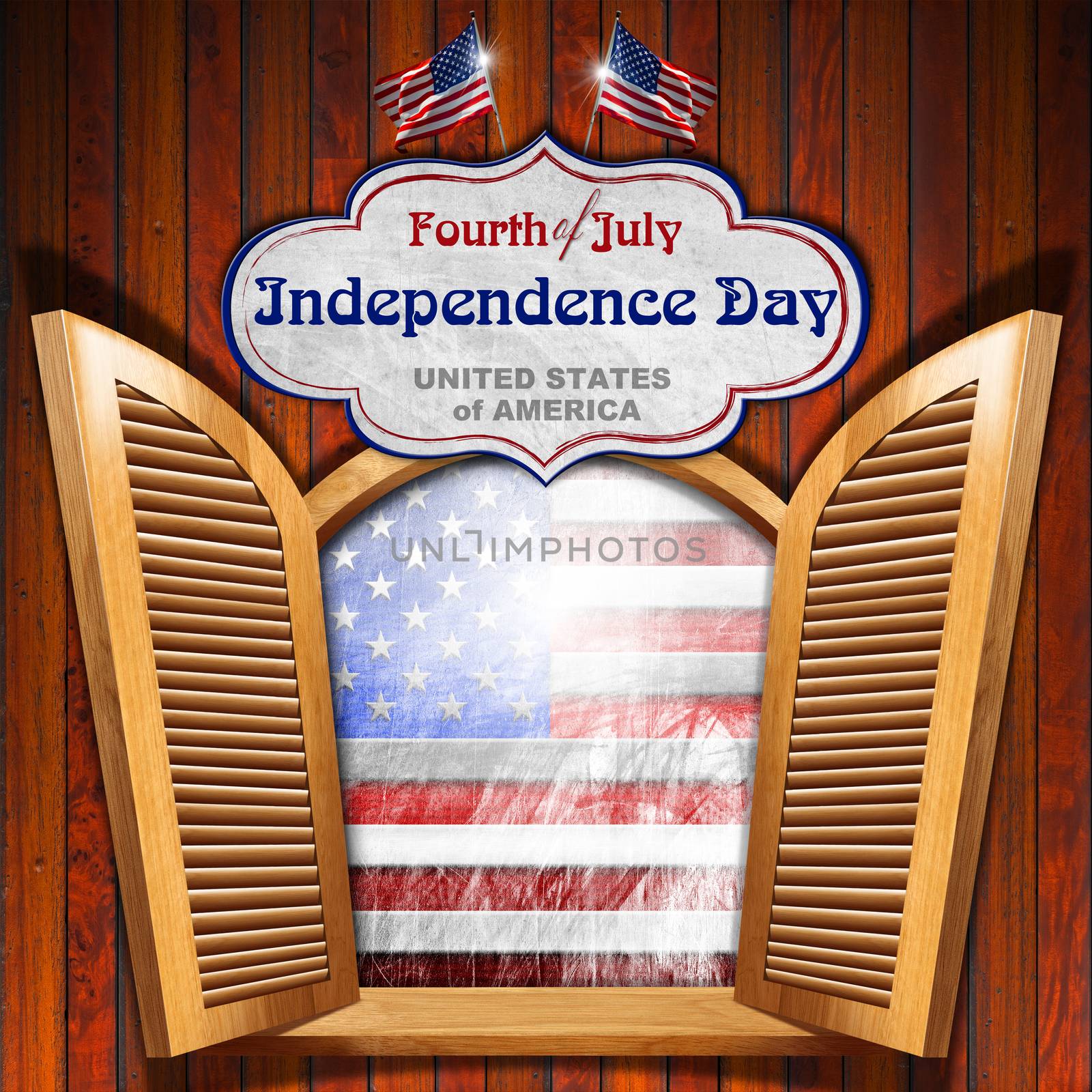 A open window on wooden wall with US grunge flag interior and label with phrase: Fourth of July Independence Day - United States of America