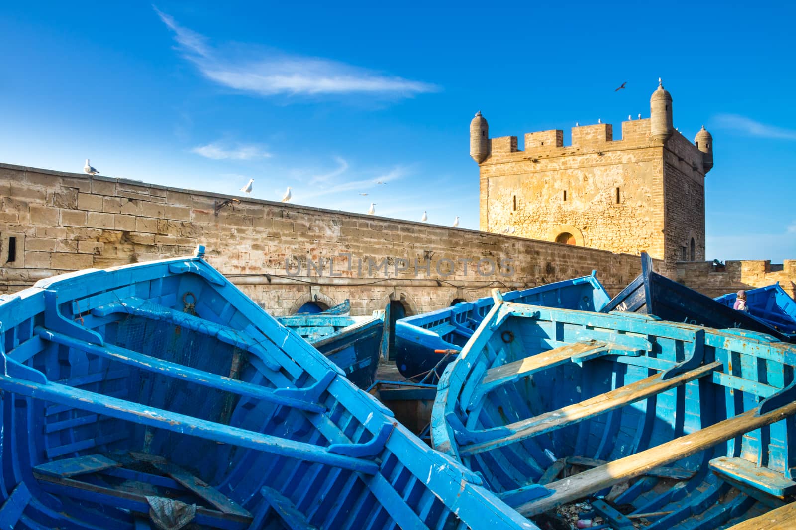 Fishermans boats in Essaouira, city in the western Morocco, on the Atlantic coast. It has also been known by its Portuguese name of Mogador. Morocco, north Africa.