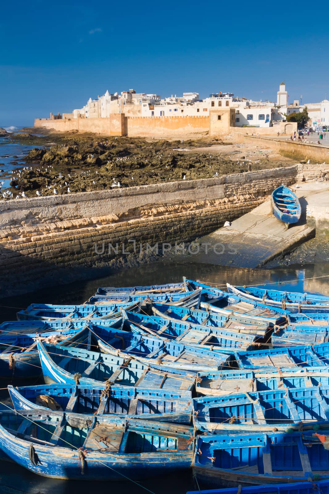 Fishermans boats in Essaouira, city in the western Morocco, on the Atlantic coast. It has also been known by its Portuguese name of Mogador. Morocco, north Africa.