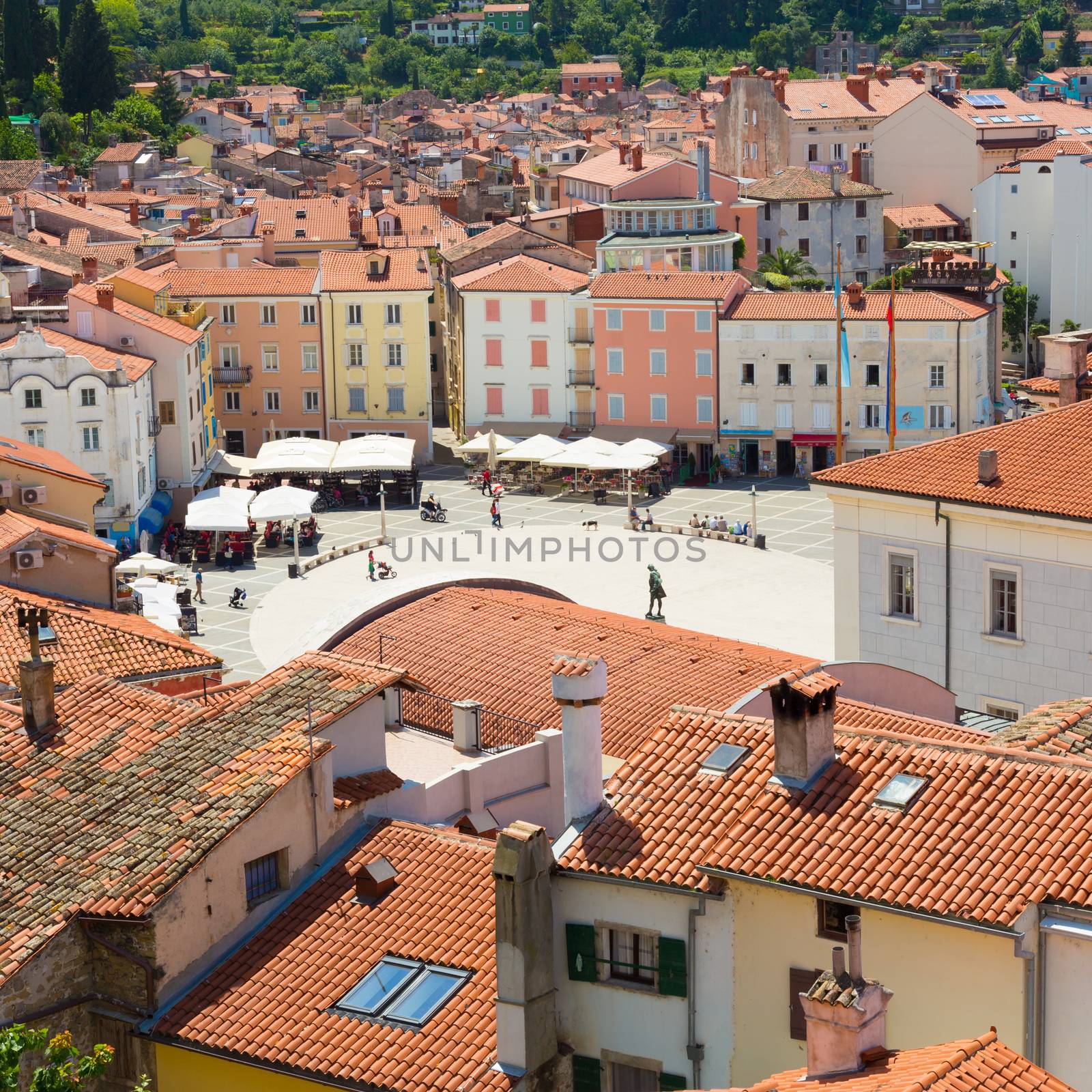 Picturesque old town Piran - beautiful Slovenian adriatic coast. Aerial view of Tartini Square.