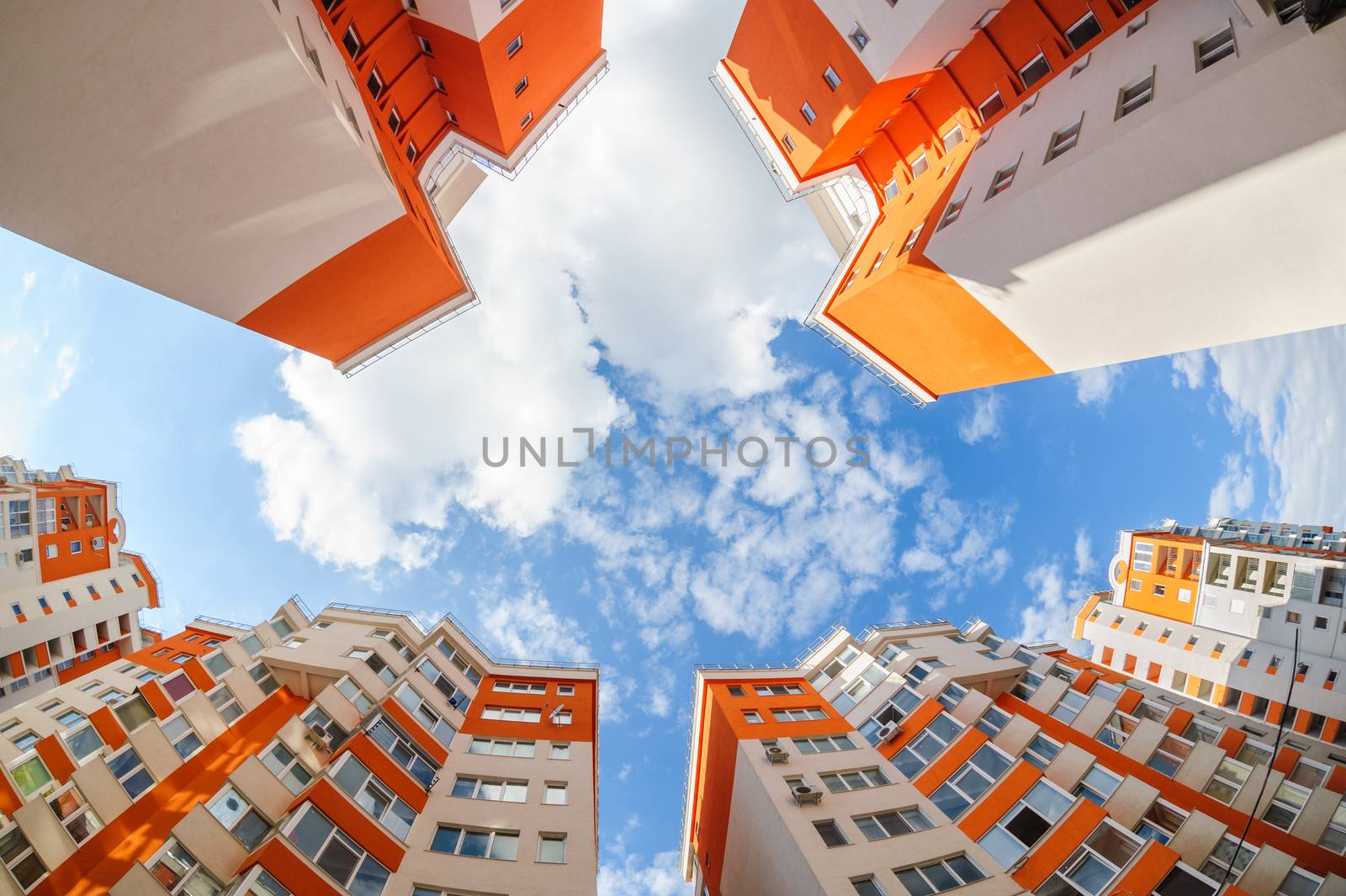 Fisheye shot of new apartments buildings exterior