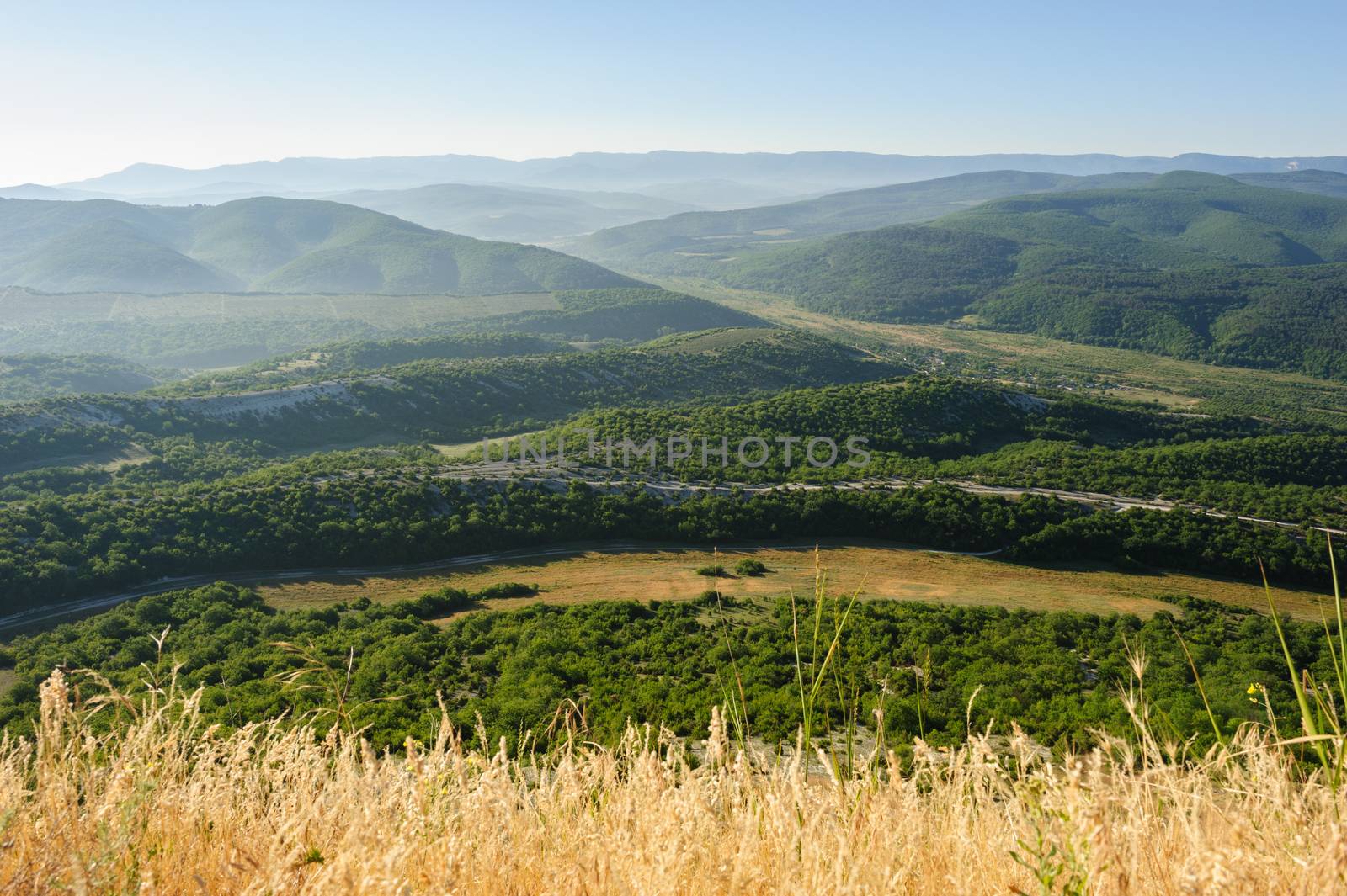 Foggy early morning summer hills, Crimea landscape