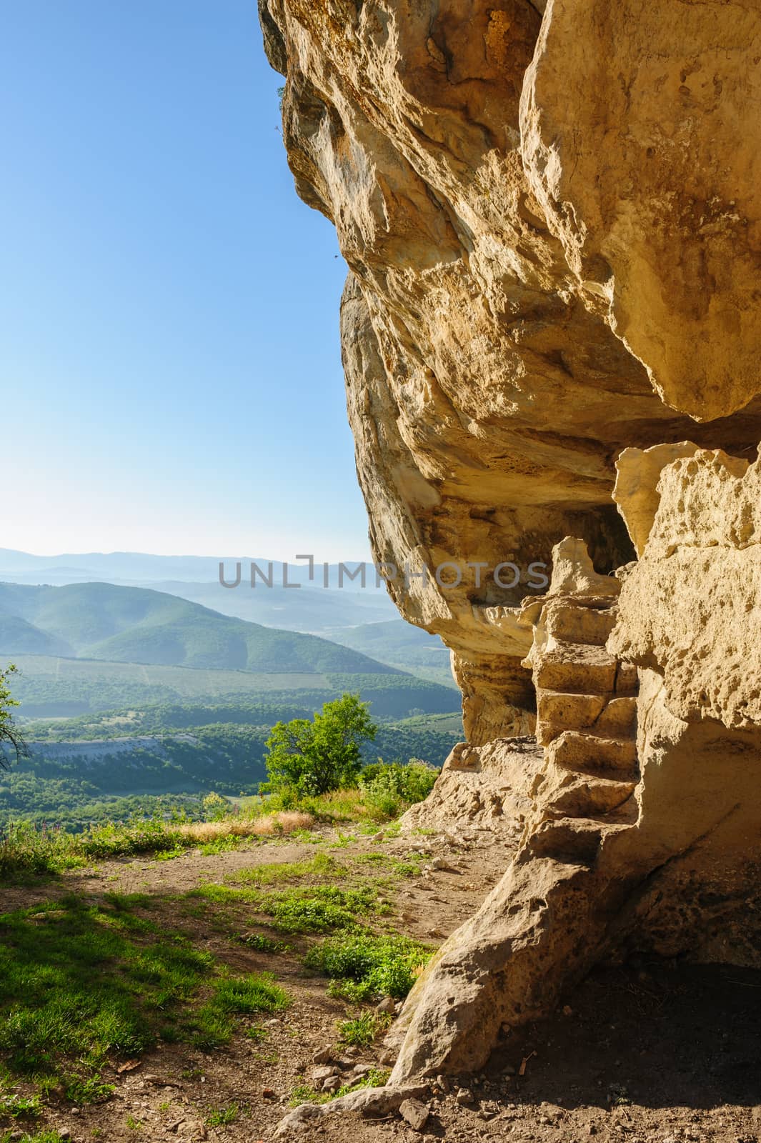 Caves at Tepe Kermen, Crimea, in the morning rays of sunlight