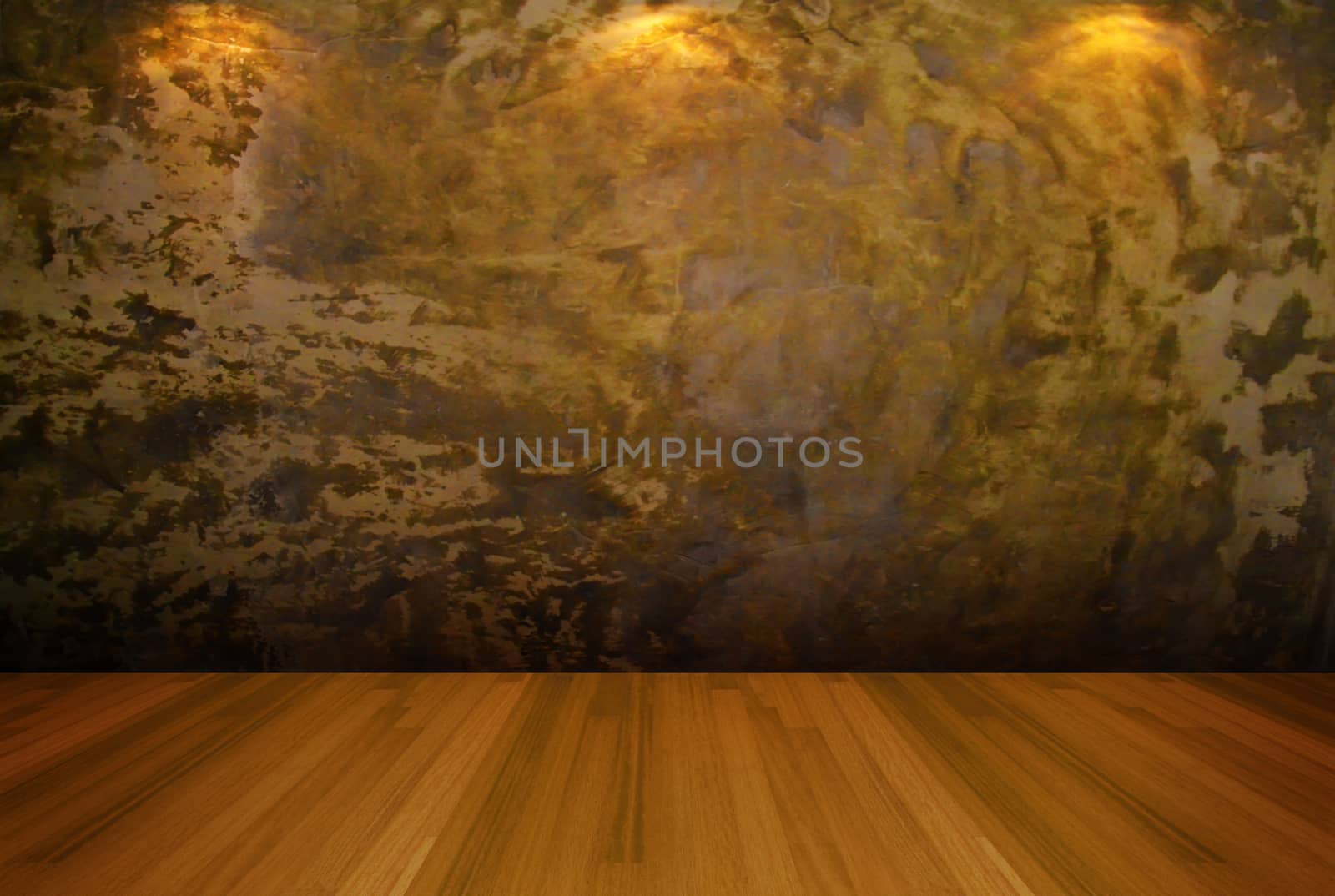 Interior rendering with empty room gold cement wall and decorated with wooden floors. 