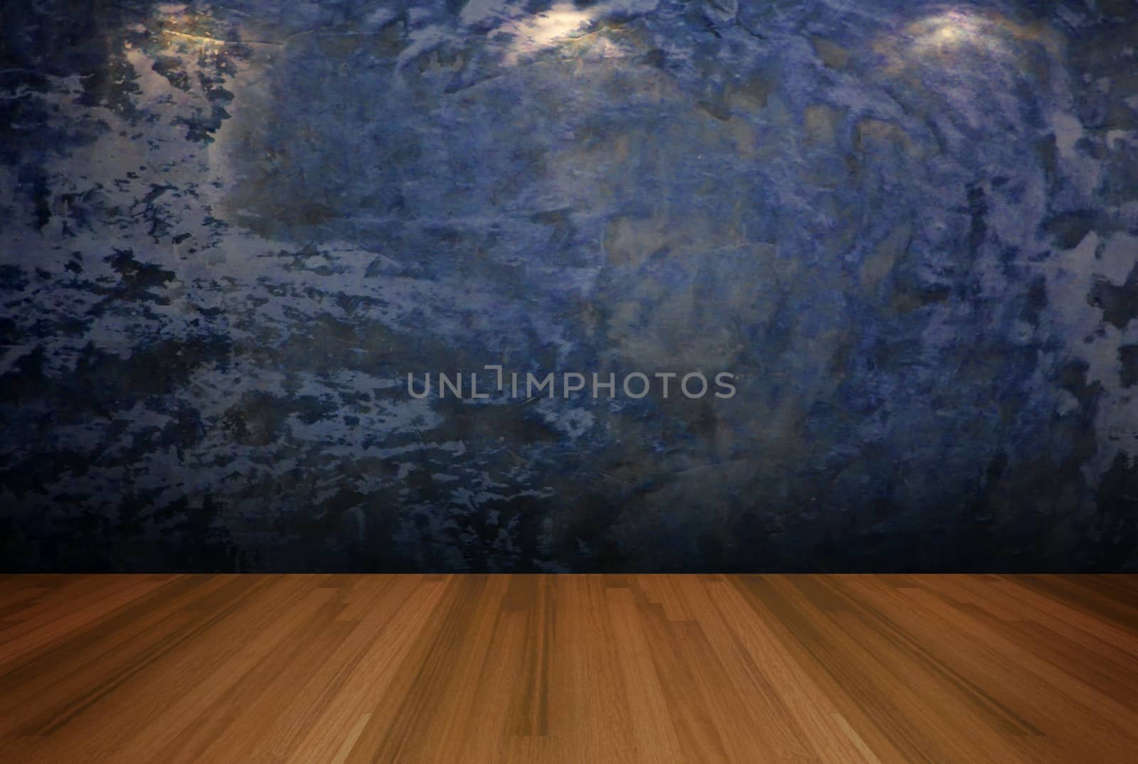Interior rendering with empty room blue cement wall and decorated with wooden floors. 