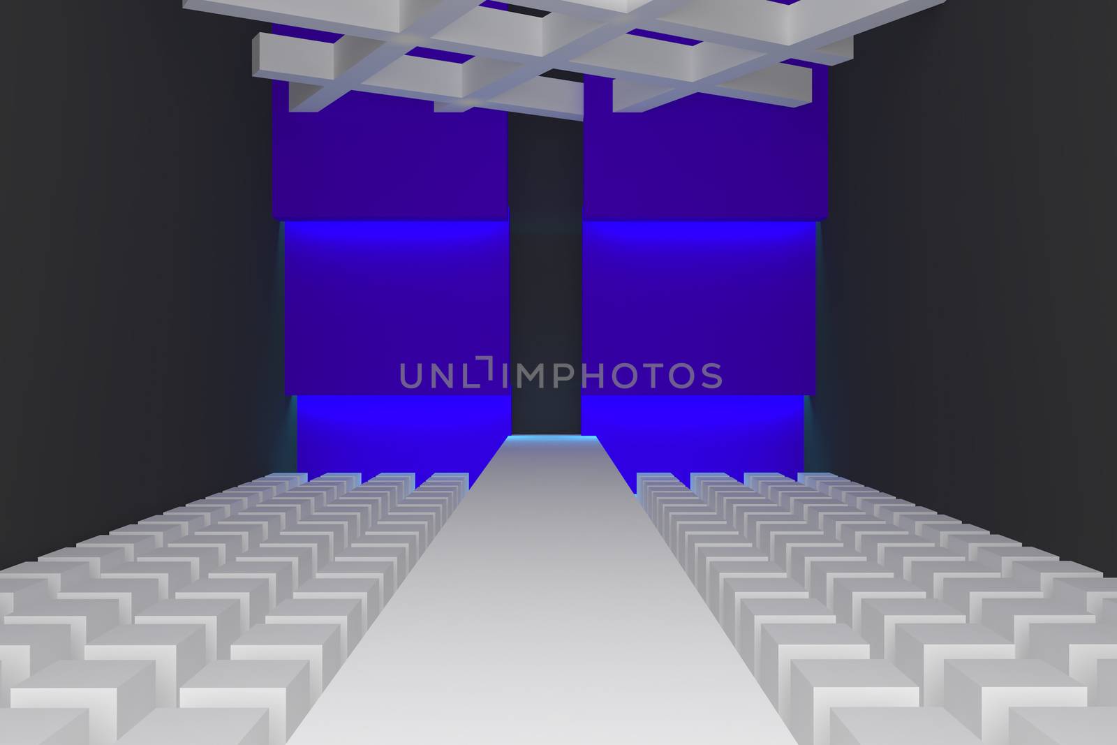 Empty fashion runway purple color lighting and blue wall.