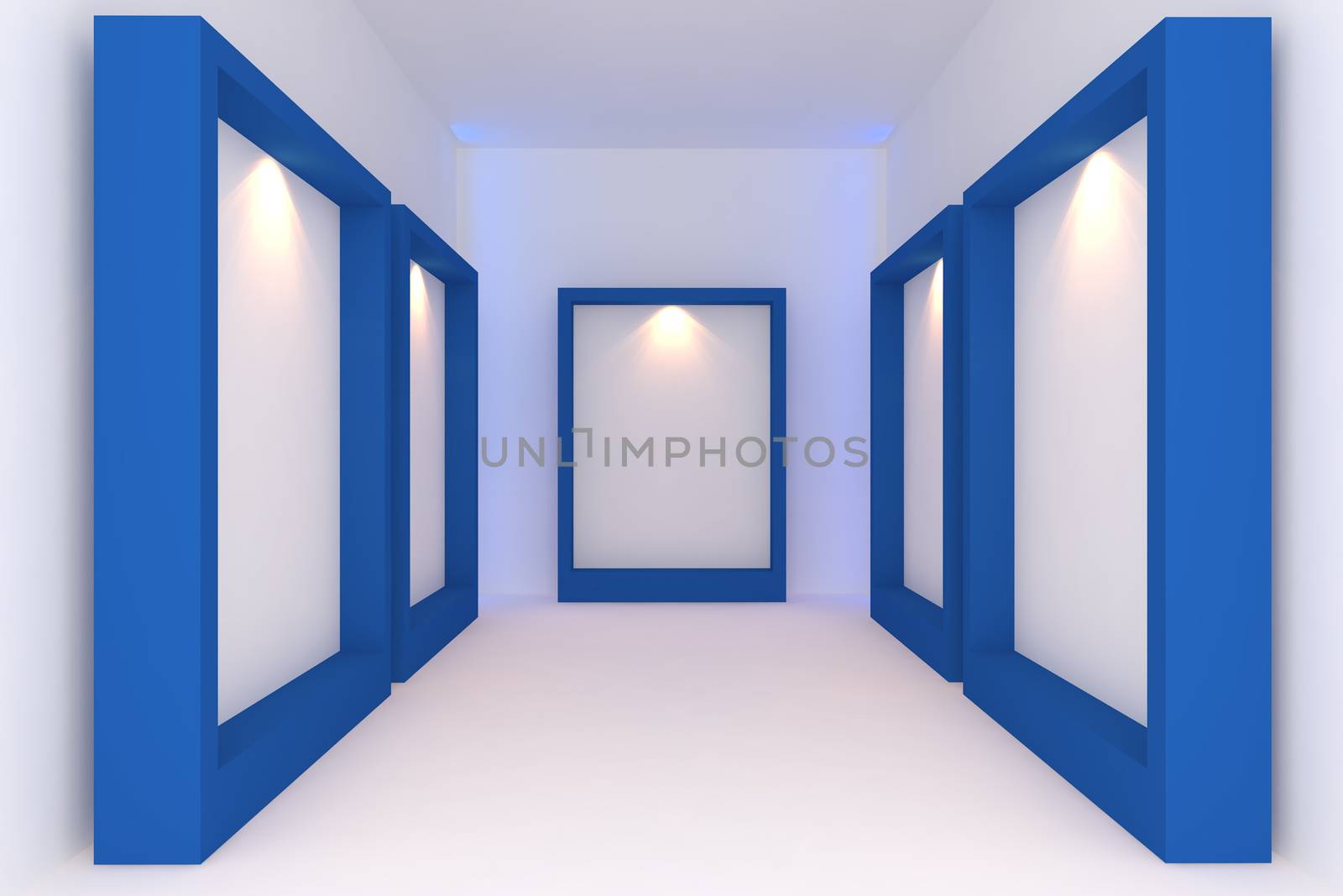 Empty room interior with white canvas on blue frame in the gallery.