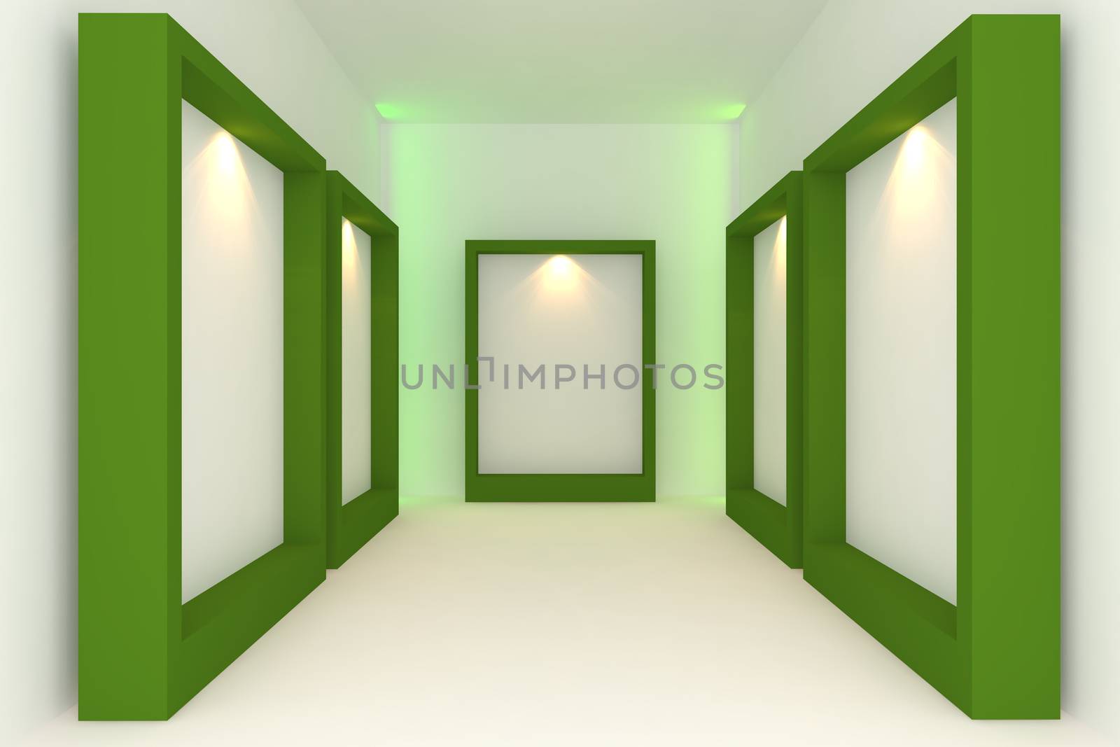 Empty room interior with white canvas on green frame in the gallery.
