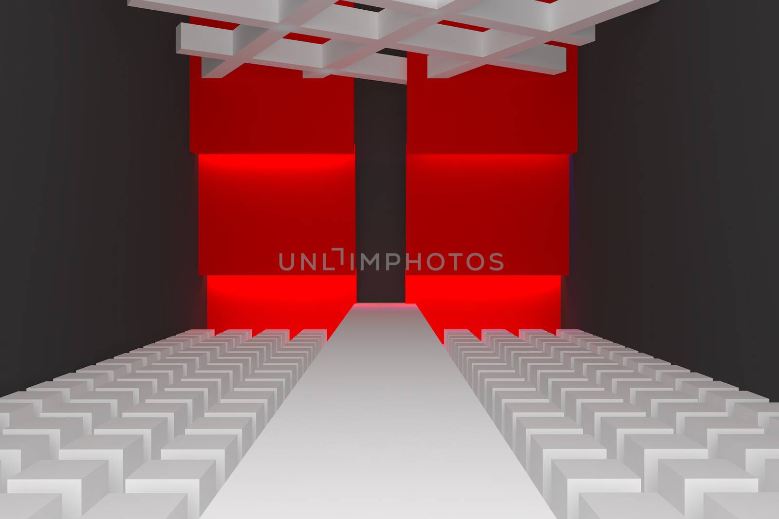 Empty fashion runway purple color lighting and red wall.