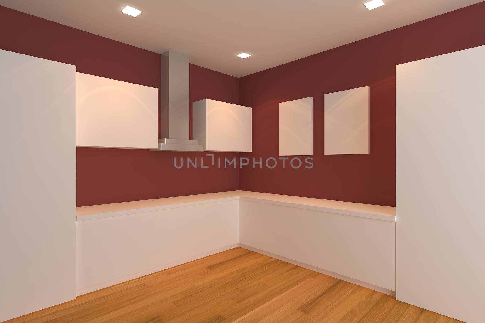 empty interior design for kitchen room with red wall.