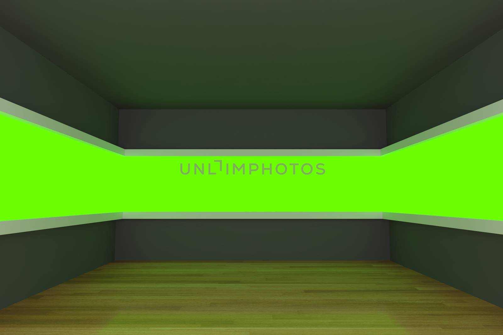 Empty room with green light shelves by sumetho