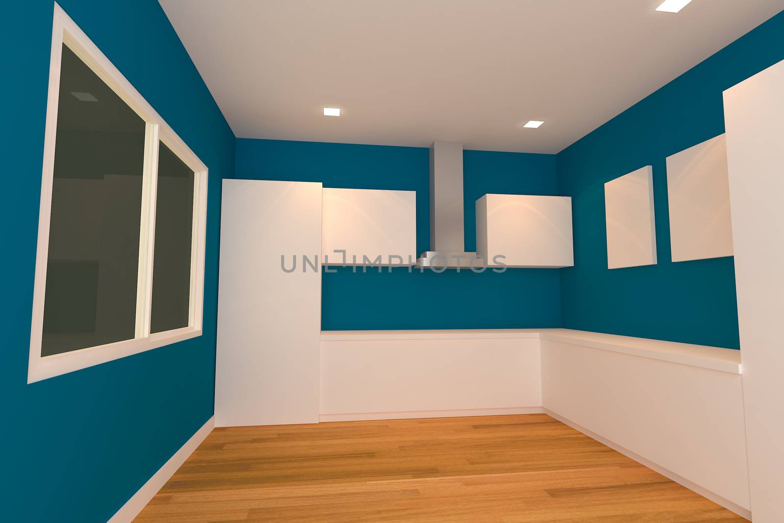 empty interior design for kitchen room with blue wall.