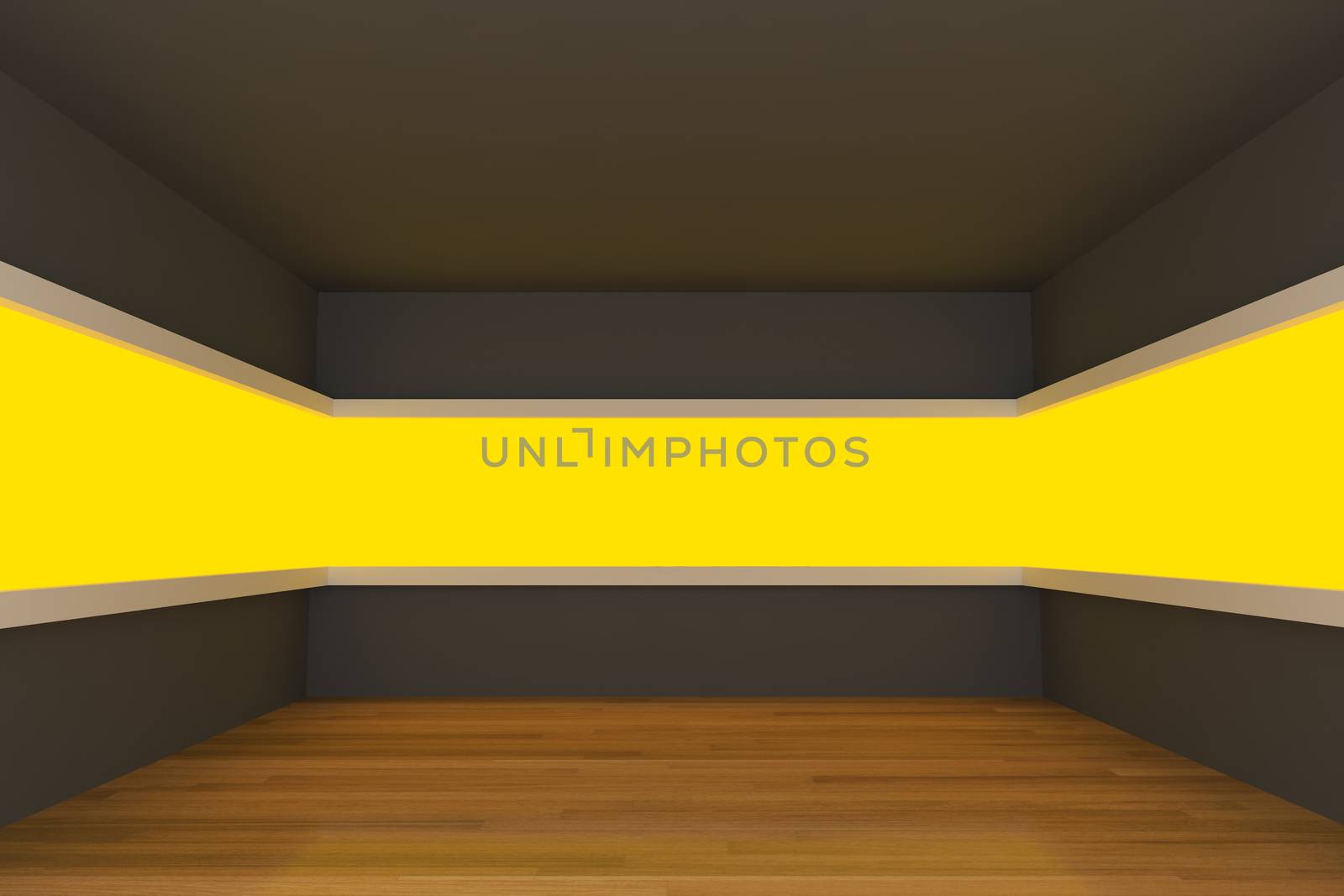 Empty room with yellow light shelves by sumetho