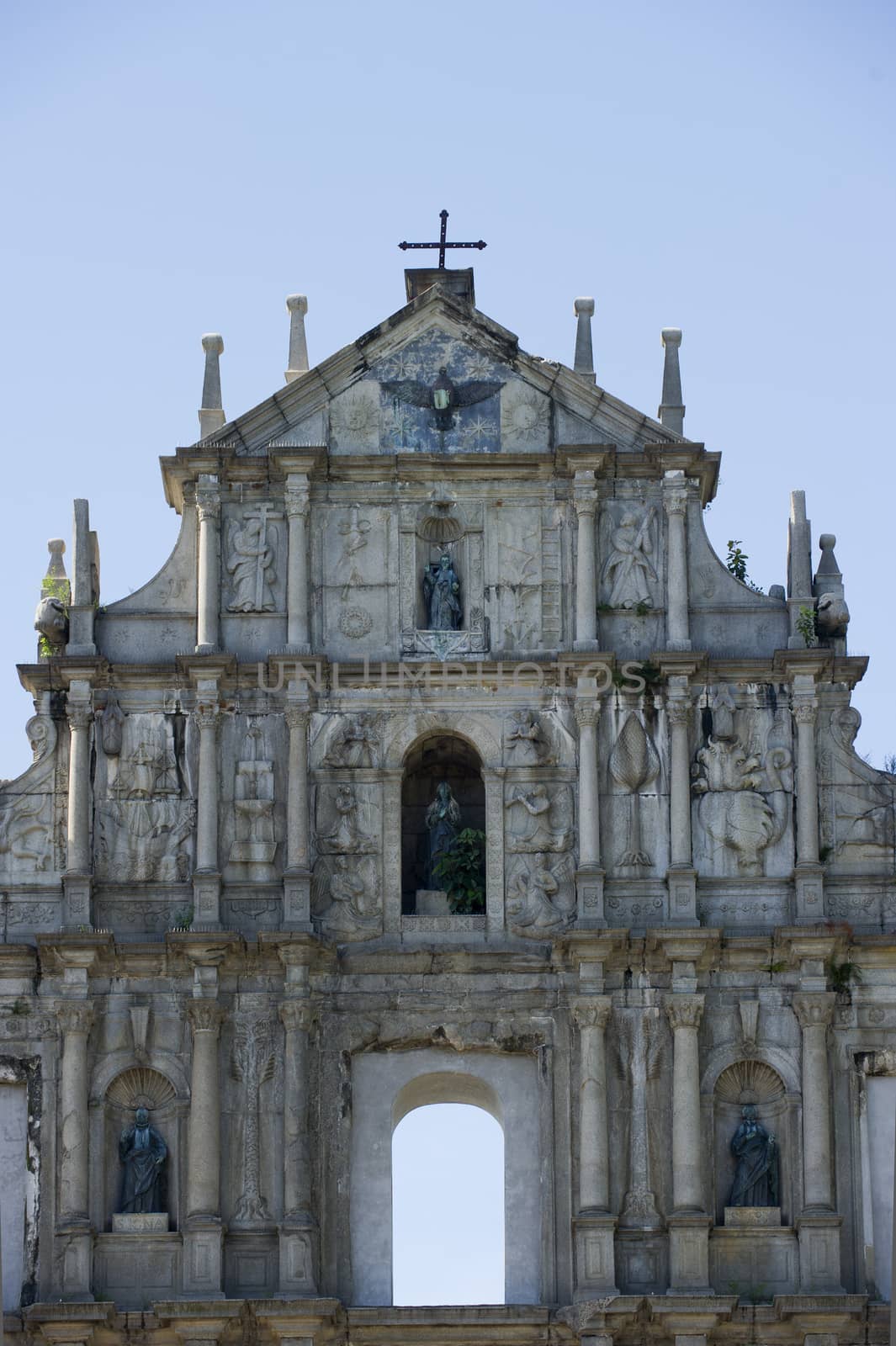 Detail of facade of ruined church of St Paul. Macau. China by think4photop