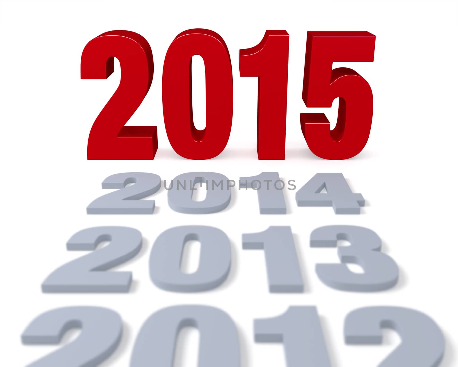 Preceding years in gray lead to a large, shiny red "2015!"  Focus is on 2015. Isolated on white. 
