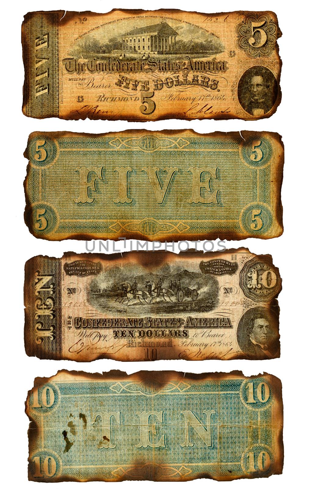 The front and back of two antique five and ten dollar bills that have been burned around the edges. Printed by the Confederate states (United States) in 1864 during the Civil War. Isolated on white. 