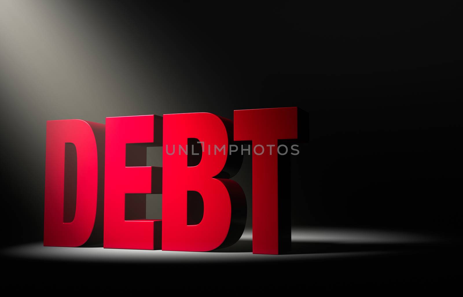 Angled spotlight revealing a large, looming red "DEBT" on a dark background.