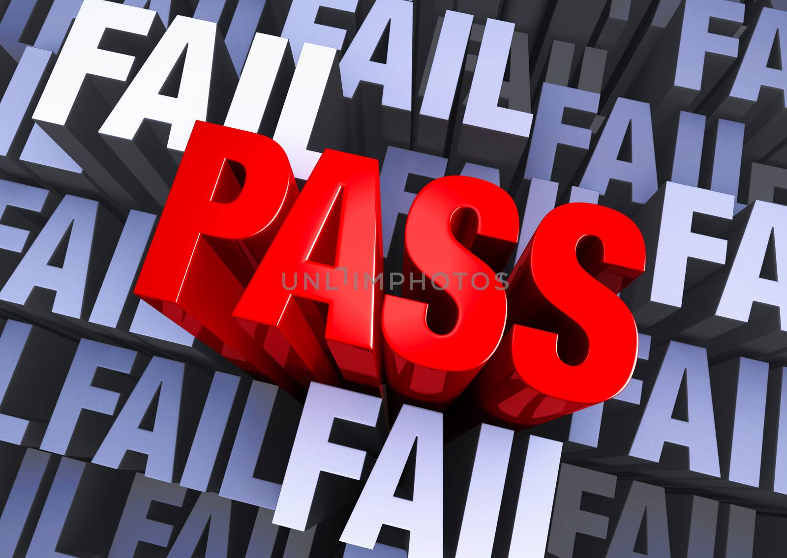 A bold, red "PASS" emerges from a muted 3d background made up of multiple instances of the word "FAIL"      