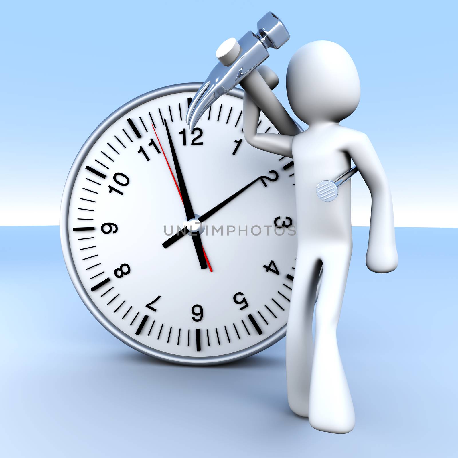 A cartoon figure with a clock. 3D rendered Illustration. 