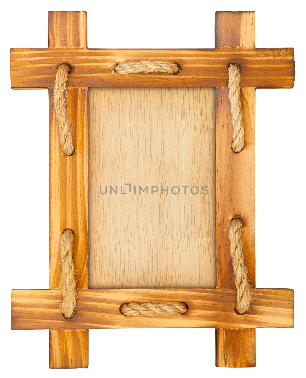 Old wooden frame with rope isolated on white background
