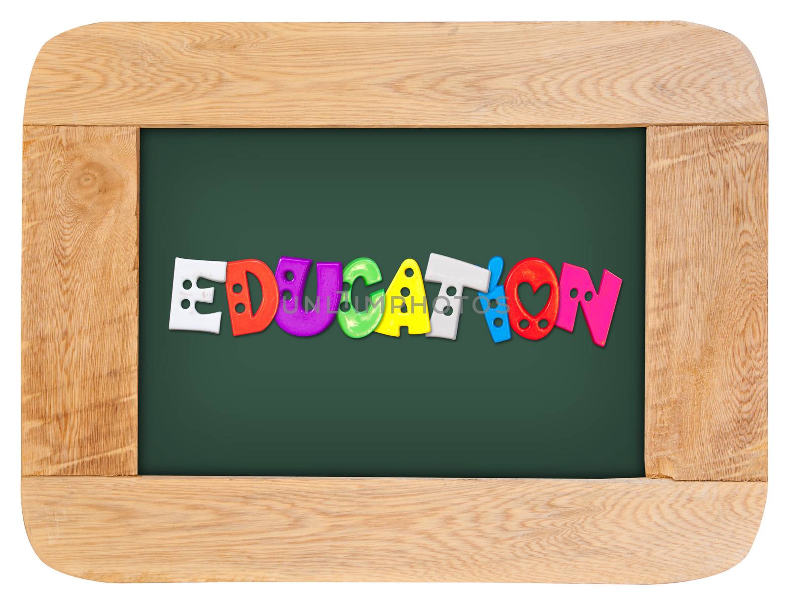 colorful letters with education with wood frame isolated on white background