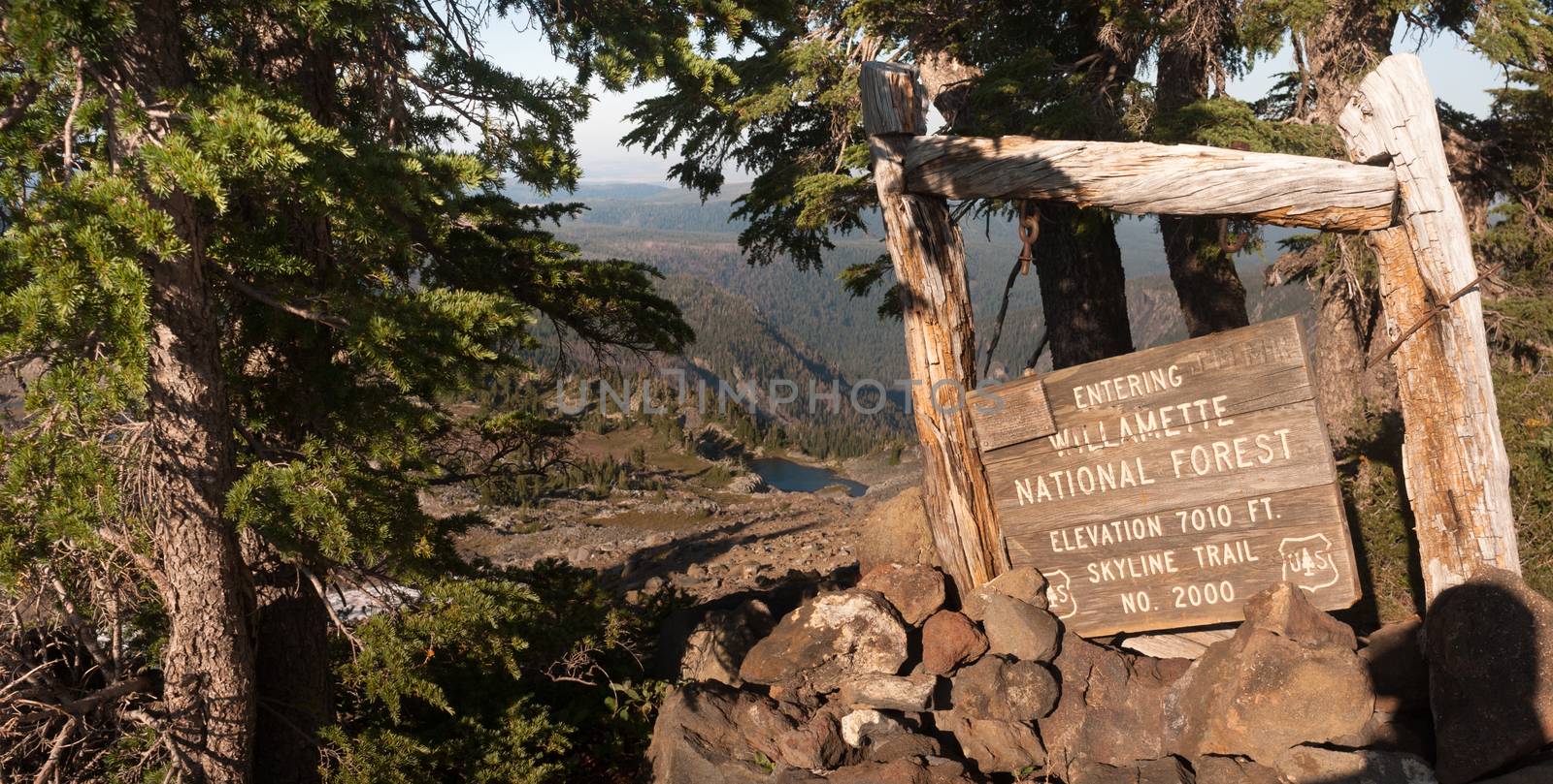 Weathered sign on high butte in the Oregon Cascade Mountains