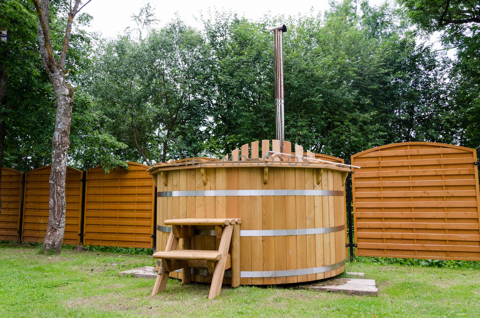 rural wooden water hot tub with stairs garden yard by sauletas