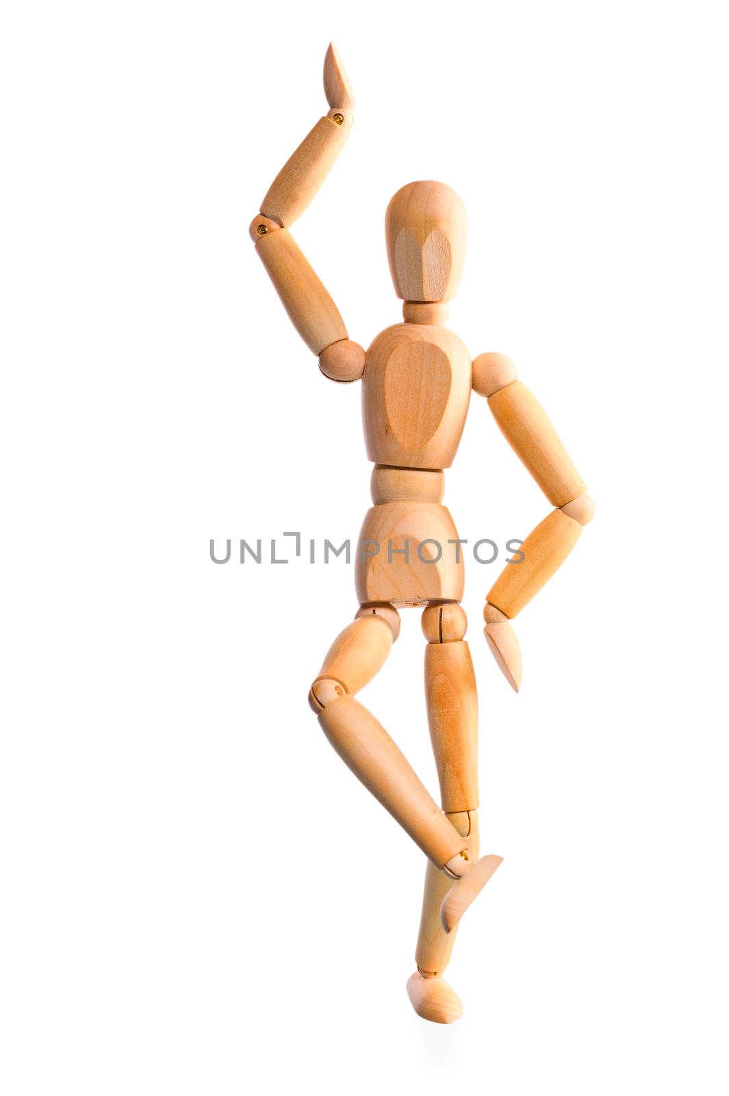 wood mannequin holds the balance on one leg by kosmsos111