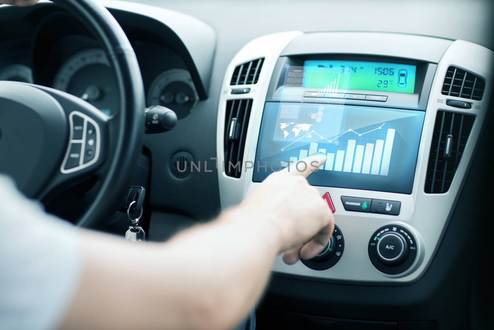 transportation and vehicle concept - man using car control panel