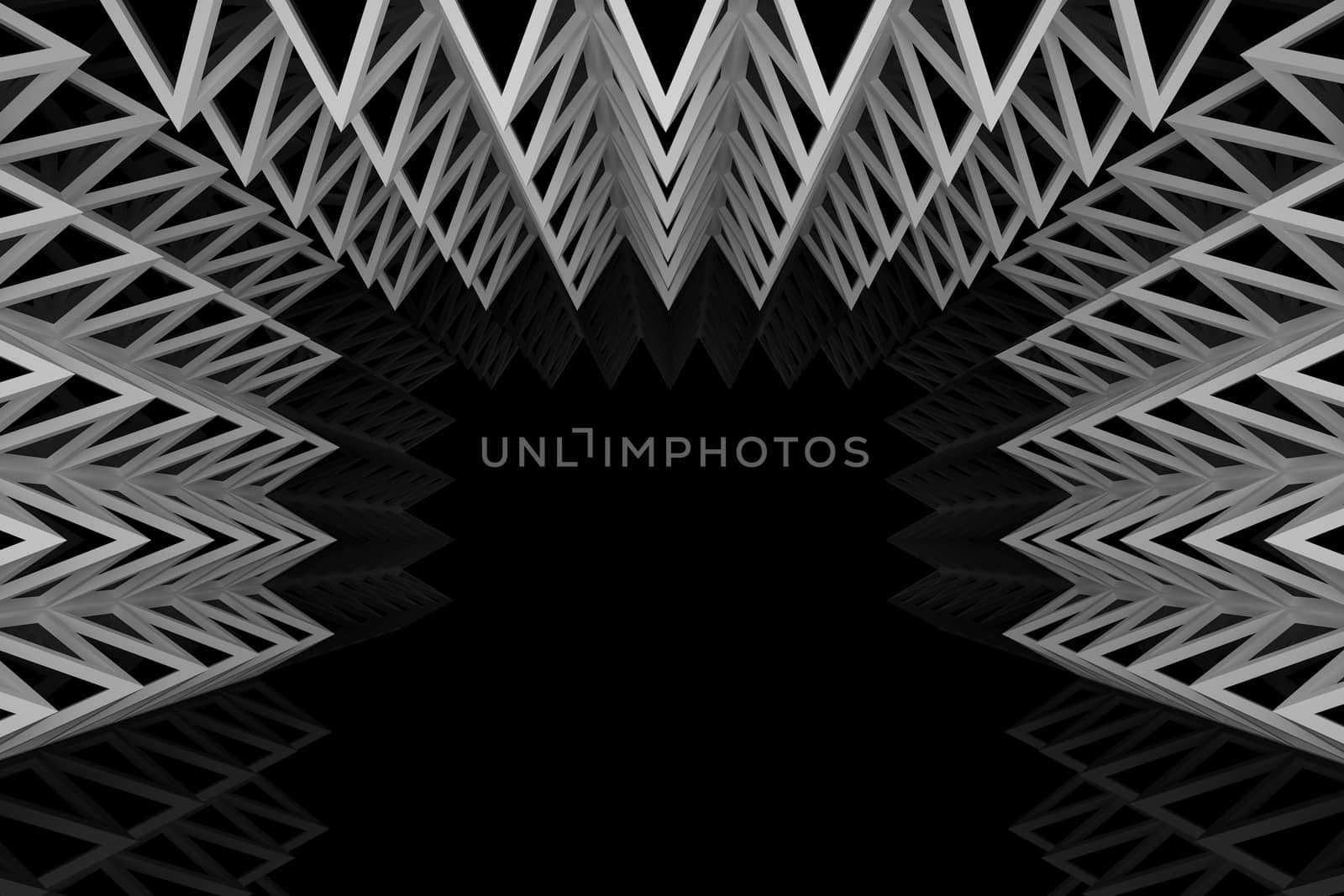 Abstract silver triangle truss wall with empty room