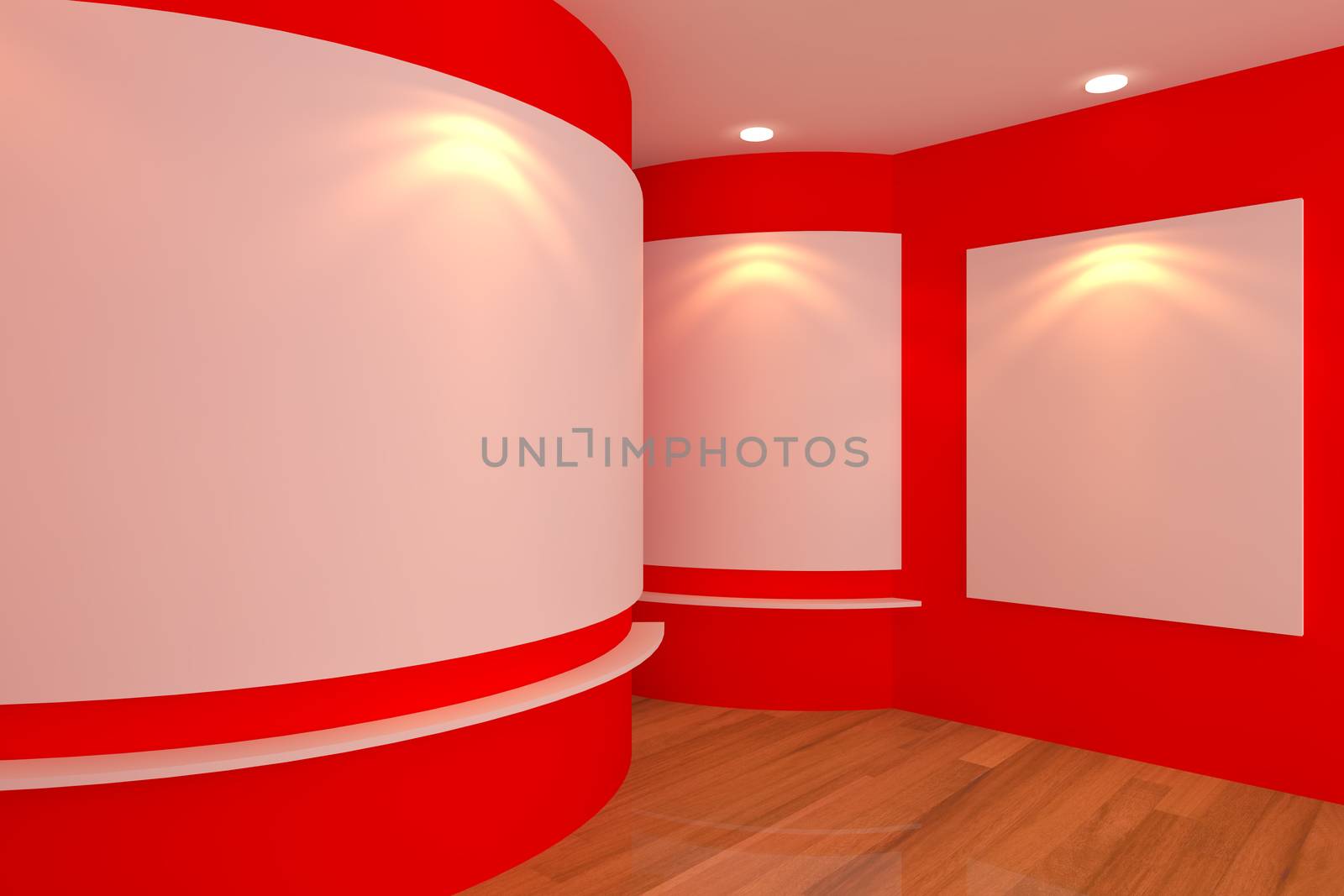 Empty room interior with white canvas on a red wall in the gallery.